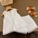 Summer White Sleeveless Top+Embroidered Shorts 2Pcs Kid Clothes Girl Suit Children Set For 2-6Y