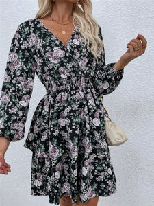 Women #39;s Spring Fall V Neck Long Sleeve Floral A Line Dress For Ladies Fashion Puff Sleeve Printed All Match Waist Dress