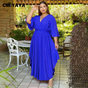 Woman Plus Size Women High Waist V-neck Big Swing Ruched Side Maxi Long Dress 2022 New Elegant Fashion Solid Dresses