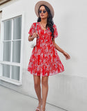 Sexy V Neck Floral Dress Women Short Sleeve High Waist Print Dresses Ladies Summer Chiffon Dress