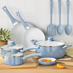 12pc Ceramic Cookware Set, Blue Linen Pots and Pans Set Kitchen Cookware Set