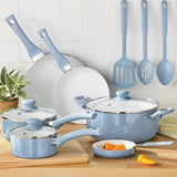 12pc Ceramic Cookware Set, Blue Linen Pots and Pans Set Kitchen Cookware Set