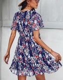 Sexy V Neck Floral Dress Women Short Sleeve High Waist Print Dresses Ladies Summer Chiffon Dress