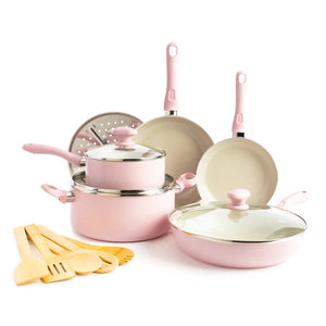 14 pieces pink nonstick Diamond Healthy Ceramic Cookware Pots and Pans Set,