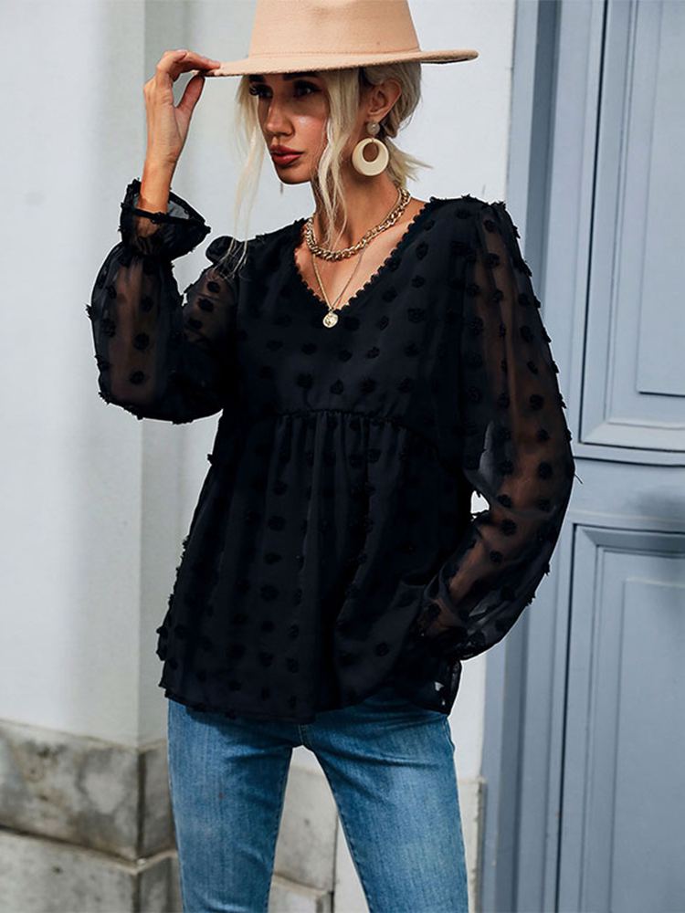 2022 New Women Summer V Neck Solid Color Long Sleeve Loose Top Pullover Mesh Fashion Black Shirt Blouses
