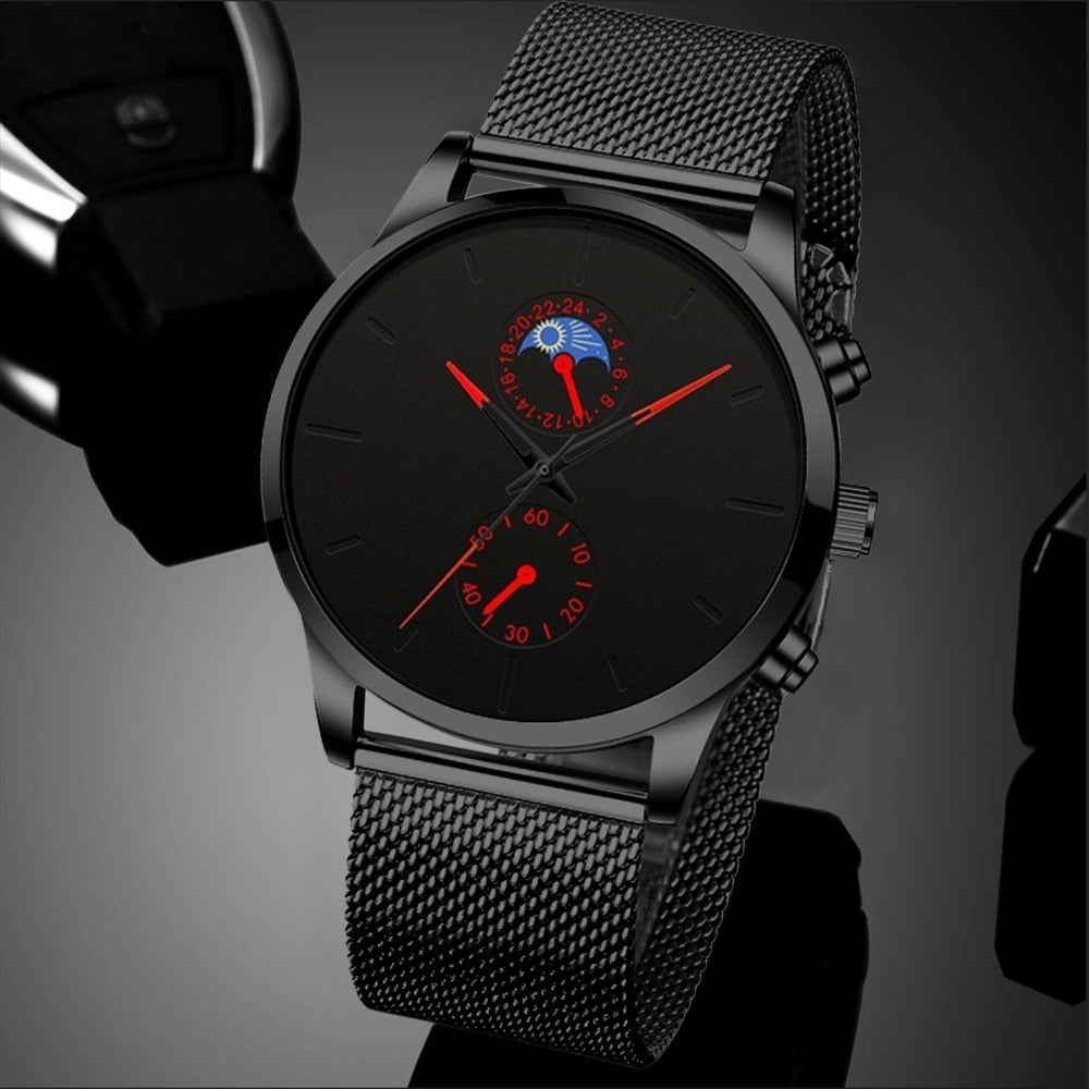 2022 Luxury Mens Watches Black Stainless Steel Mesh Belt Quartz Wrist Watch Men Business Casual Leather Watch