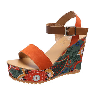 Summer Woman Pumps Ethnic 10cm Women Sandals Floral-cloth Wedges Shoes Ladies Party High Heels 2022 Thick Platform Female Heels