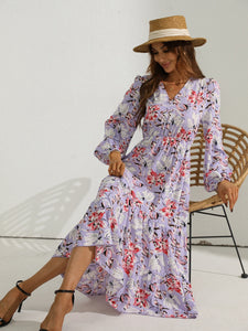 Women Autumn Fashion V Neck Puff Sleeve High Waist Split Swing Floral Printed Long Dress For Female