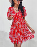 Sexy V Neck Floral Dress Women Short Sleeve High Waist Print Dresses Ladies Summer Chiffon Dress