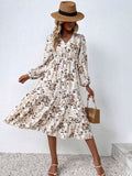 Women Autumn Fashion V Neck Puff Sleeve High Waist Split Swing Floral Printed Long Dress For Female