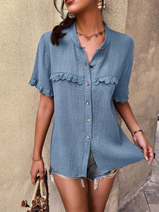 Summer Single Breasted Blouses Women Cotton 2022 New Short Sleeve Loose O Neck Fashion Sexy Shirt Top Casual