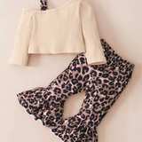 Baby girl cute ribbed knit top and leopard flare leg pant